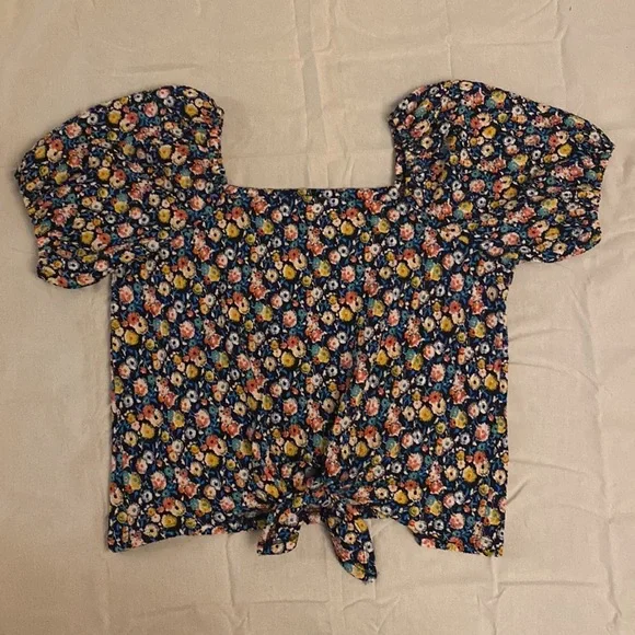 LOFT Navy Floral Tie-front Blouse - Picture 4 of 7